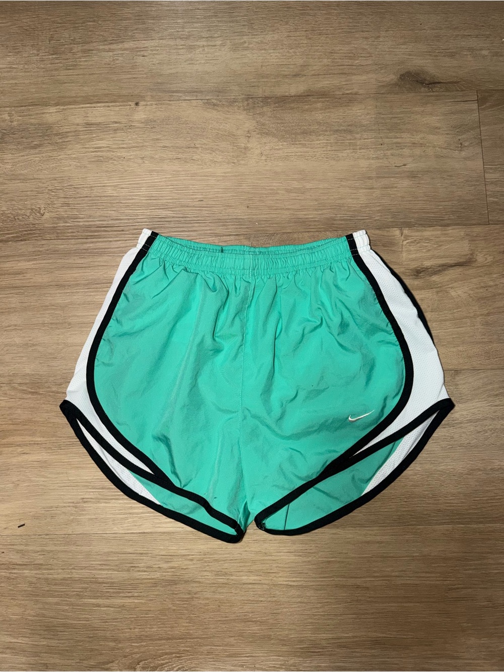 Nike Women's Teal Athletic Shorts with White Panels and Black Trim